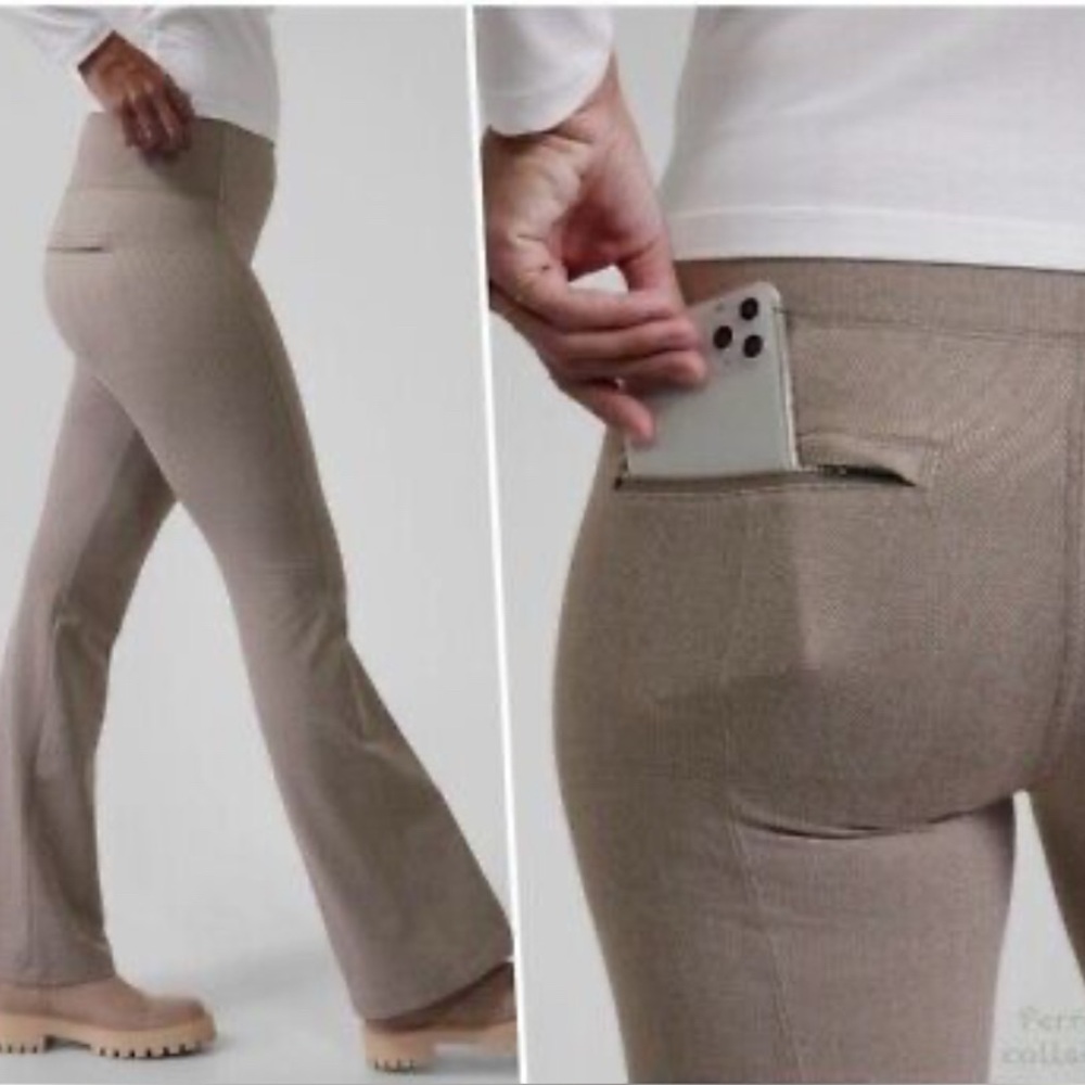Beige Stretch Ponte Flare Pants with Back Pocket